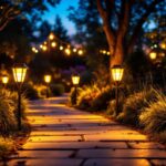 A photograph of a beautifully illuminated outdoor space featuring solar path lights
