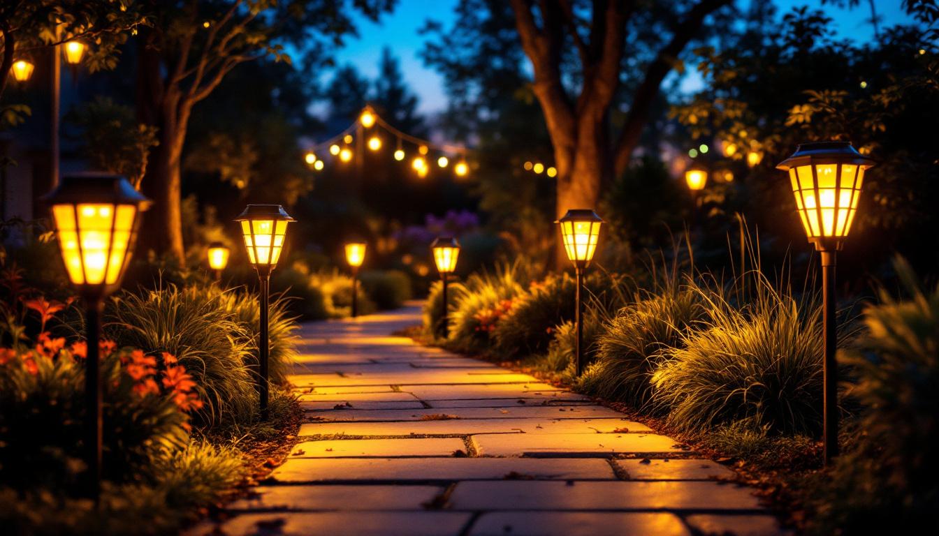 A photograph of a beautifully illuminated outdoor space featuring solar path lights