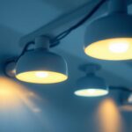 A photograph of a modern lighting installation featuring sleek light fixtures equipped with motion sensors