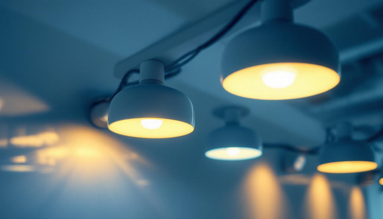 A photograph of a modern lighting installation featuring sleek light fixtures equipped with motion sensors