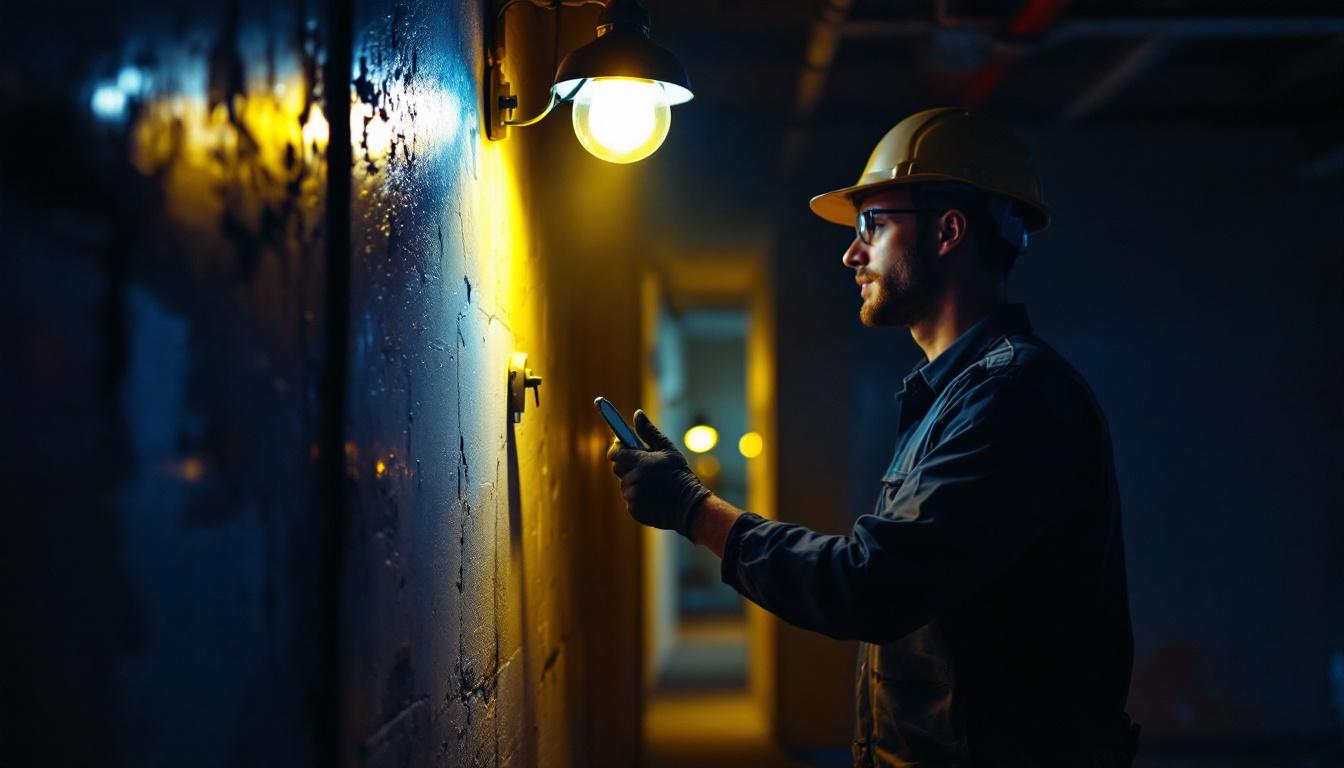 A photograph of a lighting contractor inspecting a poorly installed emergency lighting system in a dimly lit environment