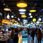A photograph of a dynamic lighting display in a retail setting during a bustling black friday sale