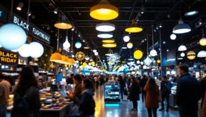 A photograph of a dynamic lighting display in a retail setting during a bustling black friday sale