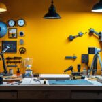 A photograph of a well-organized workspace featuring a variety of 2x2 light fixtures alongside essential tools and materials that a lighting contractor would use