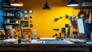 A photograph of a well-organized workspace featuring a variety of 2x2 light fixtures alongside essential tools and materials that a lighting contractor would use