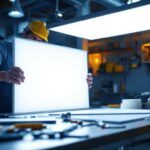 A photograph of a well-lit workspace featuring a lighting contractor installing or showcasing a sleek led 2x4 panel