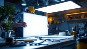 A photograph of a well-lit workspace featuring a lighting contractor installing or showcasing a sleek led 2x4 panel