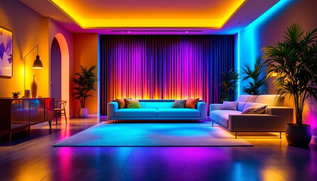 A photograph of a modern interior space illuminated by vibrant rgb led lighting