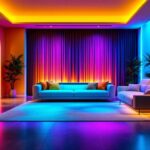 A photograph of a modern interior space illuminated by vibrant rgb led lighting