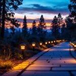 A photograph of a beautifully illuminated pathway at dusk