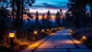 A photograph of a beautifully illuminated pathway at dusk