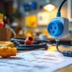 A photograph of a well-lit workspace featuring a 208 electrical plug prominently displayed alongside various lighting project tools