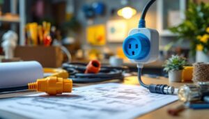 A photograph of a well-lit workspace featuring a 208 electrical plug prominently displayed alongside various lighting project tools