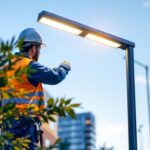 A photograph of a lighting contractor installing a sleek