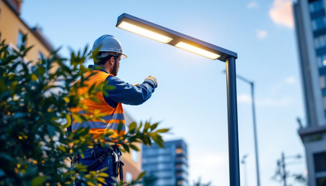 A photograph of a lighting contractor installing a sleek
