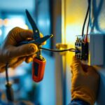 A photograph of a skilled lighting contractor installing or adjusting a 3 terminal switch in a well-lit residential or commercial setting