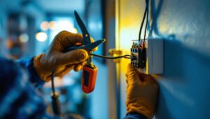 A photograph of a skilled lighting contractor installing or adjusting a 3 terminal switch in a well-lit residential or commercial setting