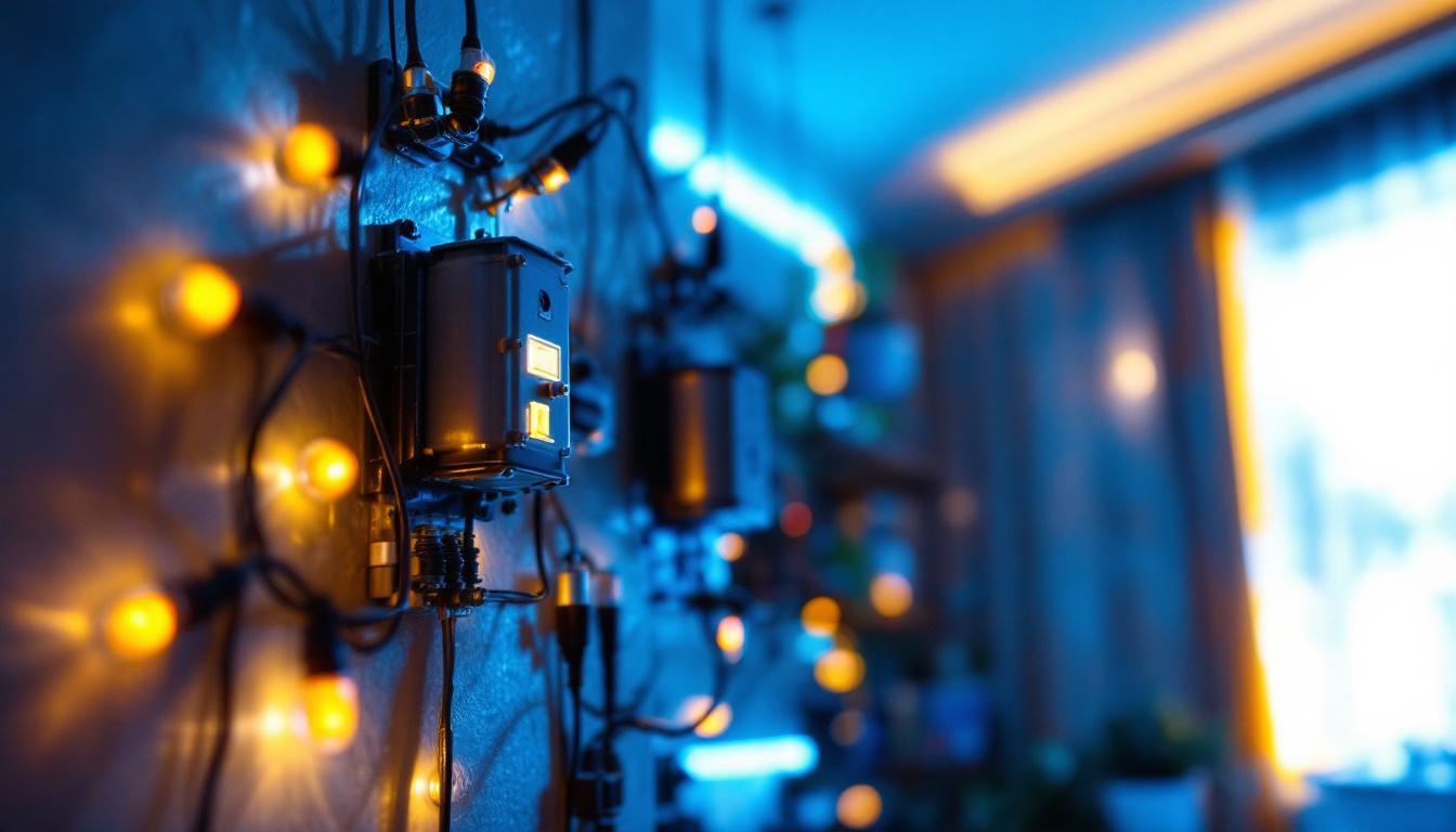 A photograph of a skilled lighting contractor installing a 12 volt dc transformer in a modern residential setting