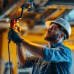 A photograph of a lighting contractor skillfully installing a lighting fixture mounting bracket in a well-lit interior space
