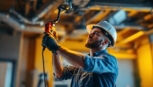 A photograph of a lighting contractor skillfully installing a lighting fixture mounting bracket in a well-lit interior space