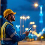 A photograph of a skilled lighting contractor inspecting a beautifully illuminated street lined with modern light poles