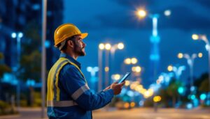 A photograph of a skilled lighting contractor inspecting a beautifully illuminated street lined with modern light poles