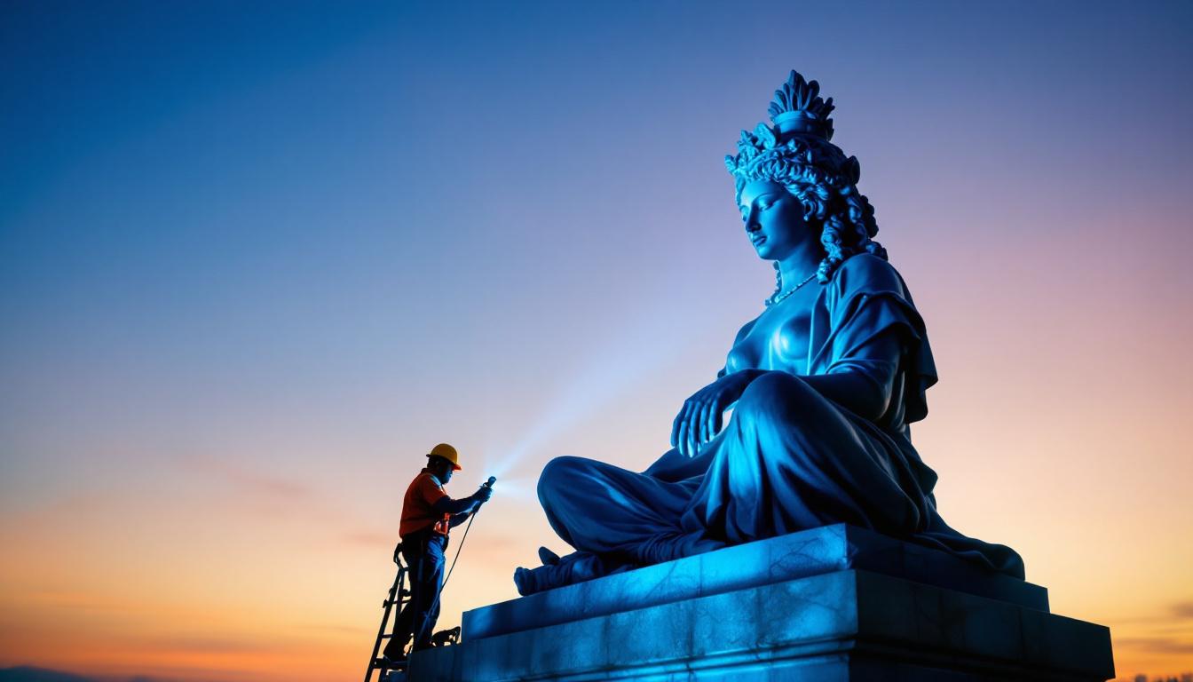 A photograph of a beautifully illuminated statue at dusk