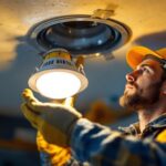 A photograph of a skilled lighting contractor inspecting and installing a recessed light fixture