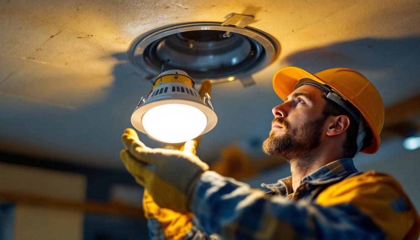 A photograph of a skilled lighting contractor inspecting and installing a recessed light fixture