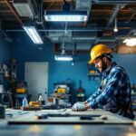 A photograph of a well-lit workshop or garage space featuring multiple 6-foot led shop lights in action