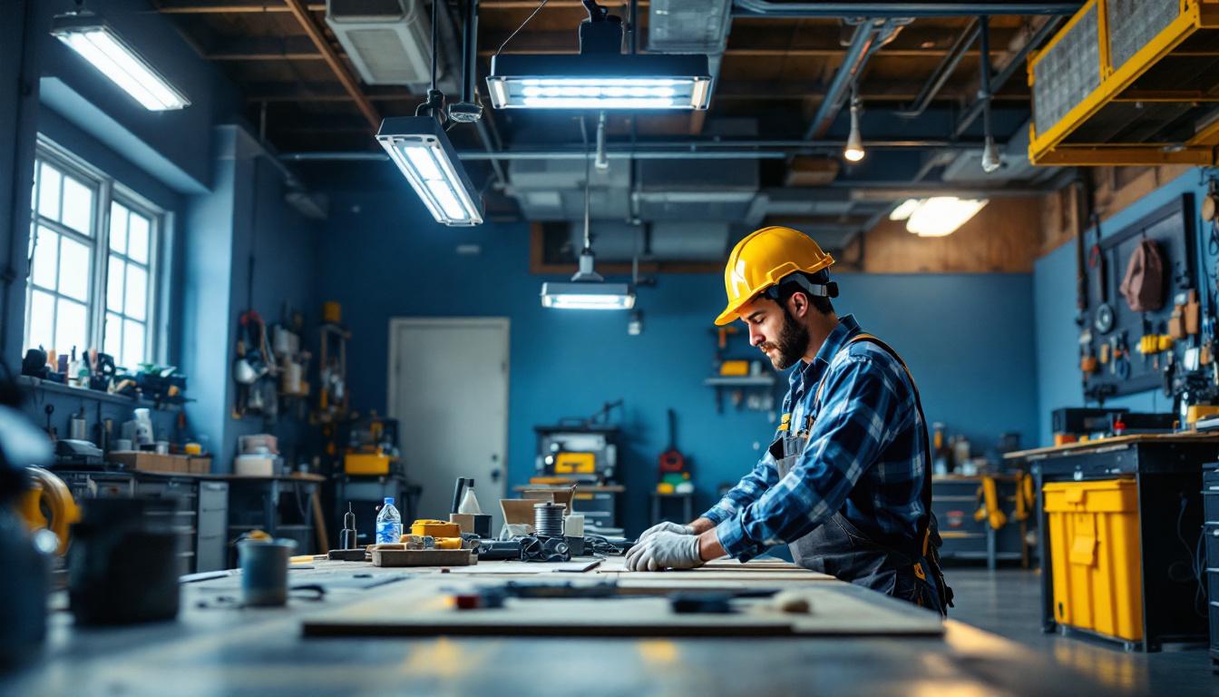 A photograph of a well-lit workshop or garage space featuring multiple 6-foot led shop lights in action