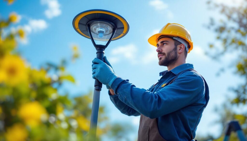 A photograph of a lighting contractor installing a solar lamp system in an outdoor setting
