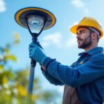 A photograph of a lighting contractor installing a solar lamp system in an outdoor setting