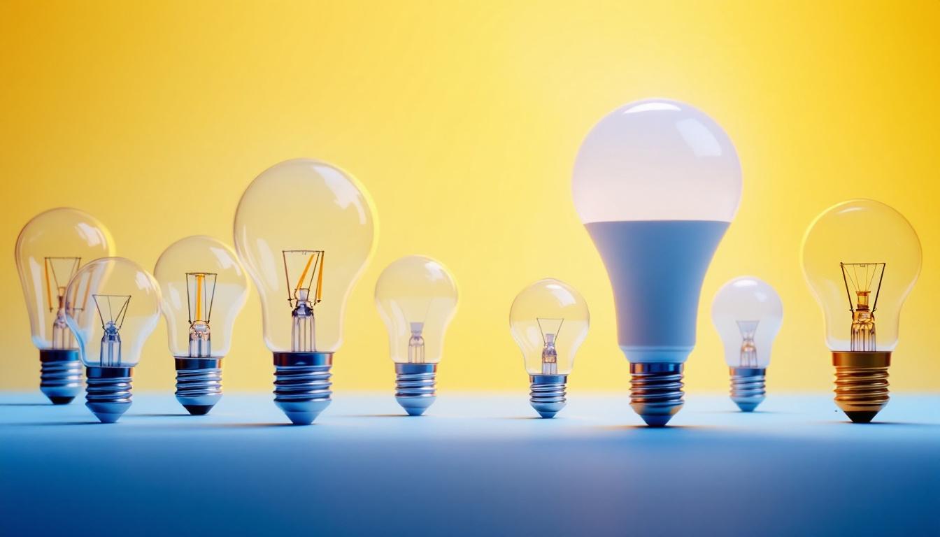 A photograph of a variety of light bulb bases displayed alongside their corresponding light bulbs