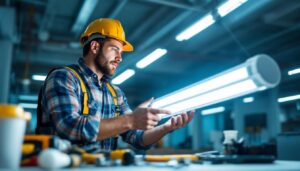A photograph of a lighting contractor examining a bright