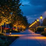 A photograph of a well-lit outdoor space at dusk