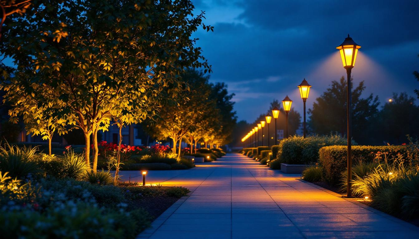 A photograph of a well-lit outdoor space at dusk