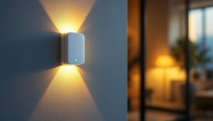 A photograph of a modern wall motion sensor installed in a stylish