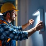 A photograph of a skilled lighting contractor installing or inspecting a wall light box in a well-lit