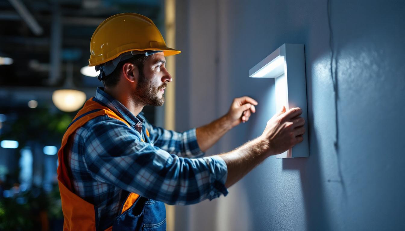 A photograph of a skilled lighting contractor installing or inspecting a wall light box in a well-lit