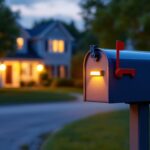 A photograph of a solar-powered mailbox light illuminating a suburban mailbox at dusk