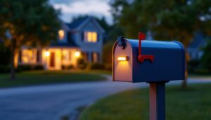 A photograph of a solar-powered mailbox light illuminating a suburban mailbox at dusk