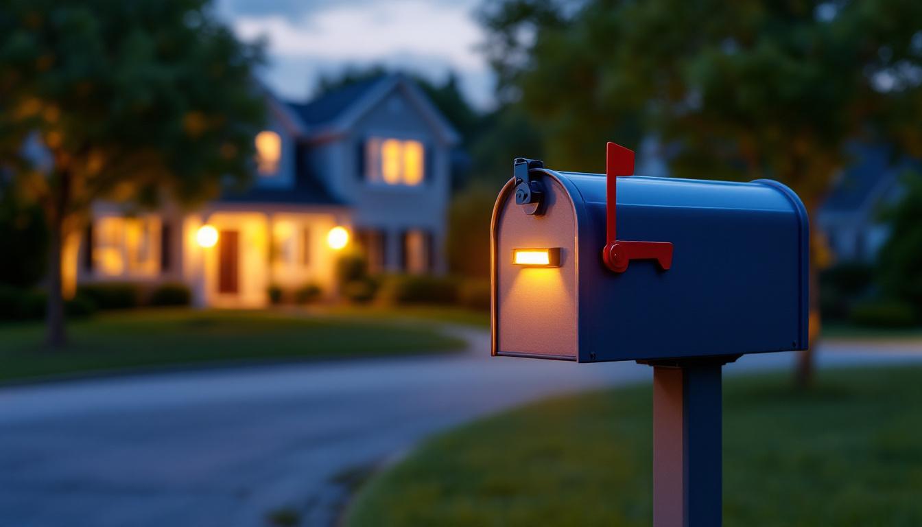 A photograph of a solar-powered mailbox light illuminating a suburban mailbox at dusk