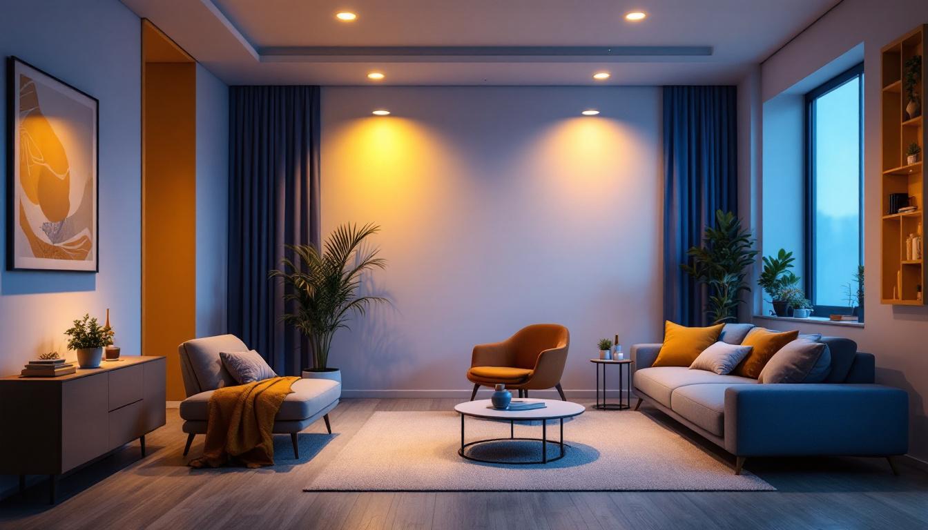 A photograph of a beautifully designed interior space showcasing 5-inch recessed can lights in action
