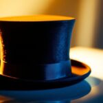 A photograph of a stylish top hat illuminated by a warm