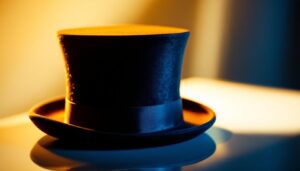 A photograph of a stylish top hat illuminated by a warm