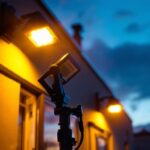 A photograph of a lighting contractor installing commercial exterior led flood lights on a building facade during dusk