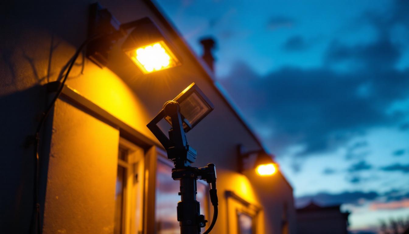 A photograph of a lighting contractor installing commercial exterior led flood lights on a building facade during dusk