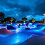 A photograph of capture a photograph of a vibrant skate park at dusk