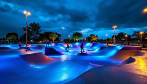 A photograph of capture a photograph of a vibrant skate park at dusk